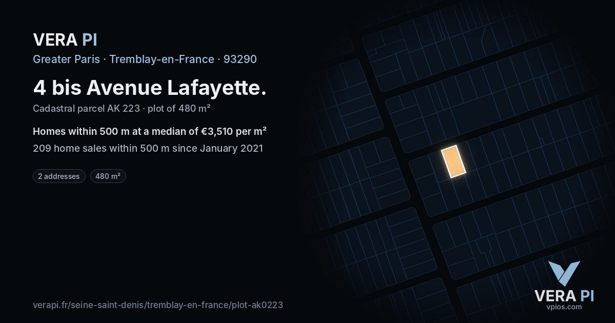 4 bis Avenue Lafayette, Tremblay-en-France at night – the plot lit, the parcels around coloured by the prices near them