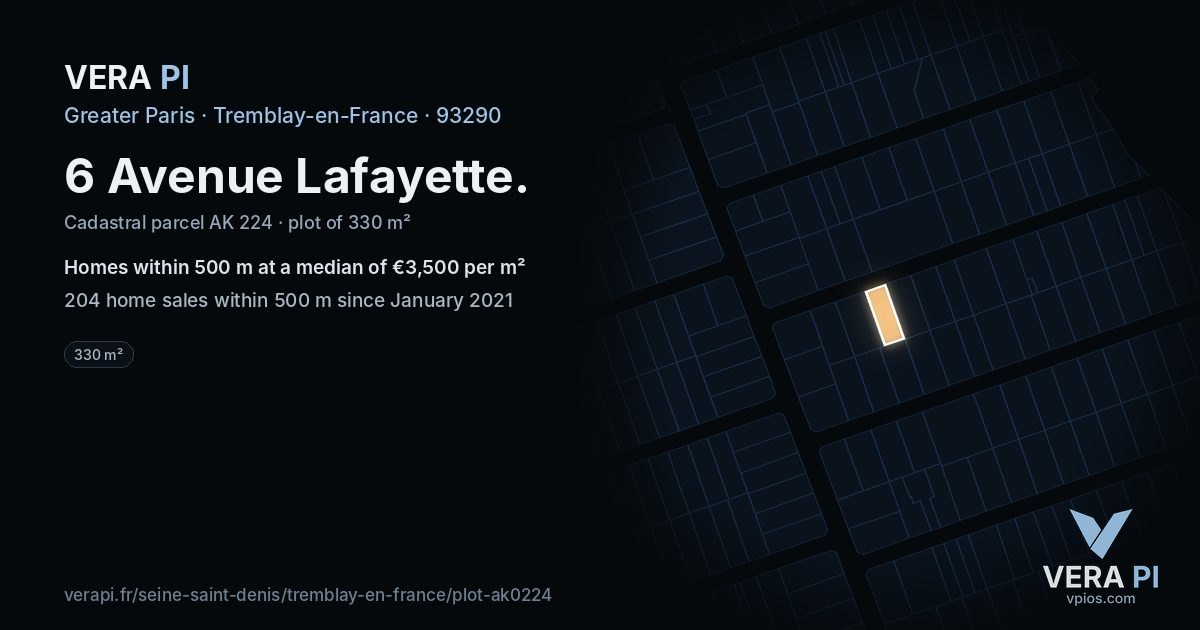 6 Avenue Lafayette, Tremblay-en-France at night – the plot lit, the parcels around coloured by the prices near them