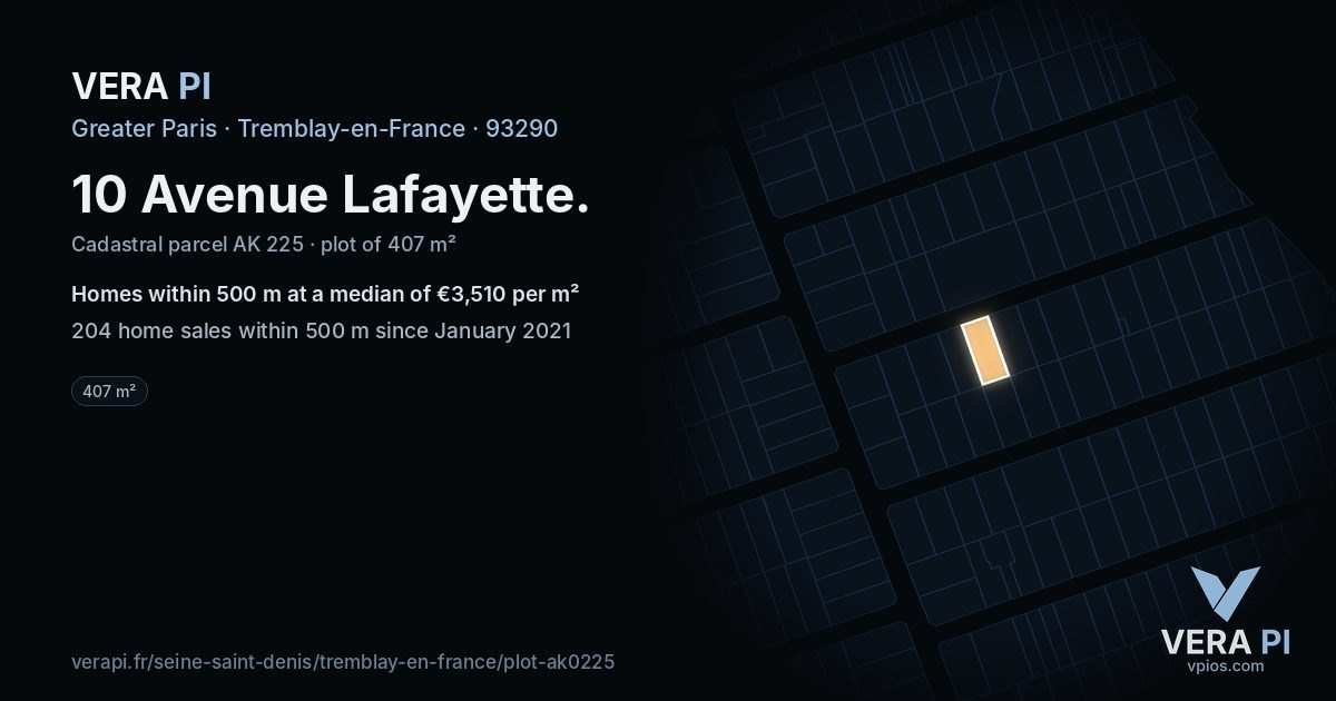 10 Avenue Lafayette, Tremblay-en-France at night – the plot lit, the parcels around coloured by the prices near them