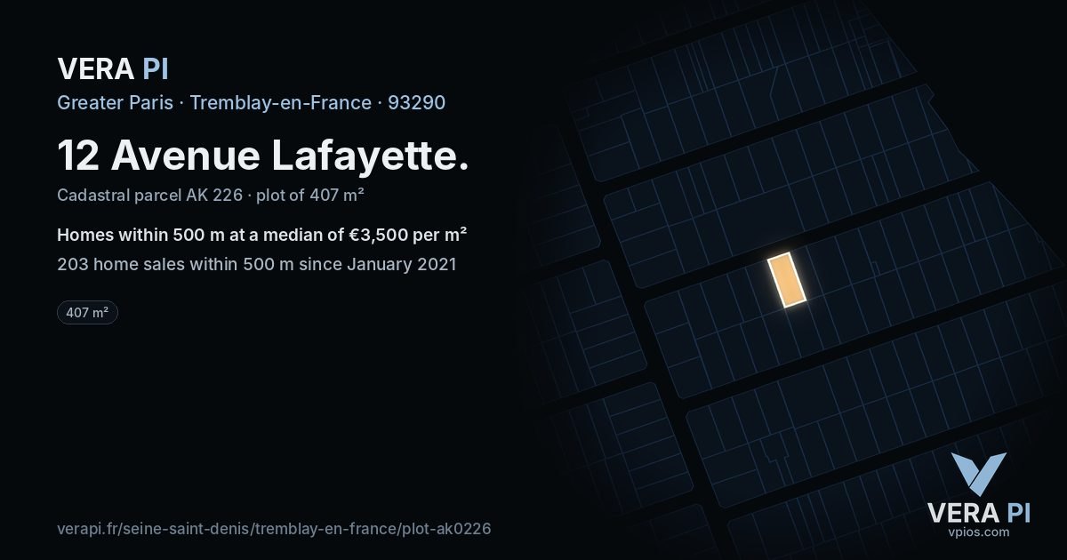 12 Avenue Lafayette, Tremblay-en-France at night – the plot lit, the parcels around coloured by the prices near them