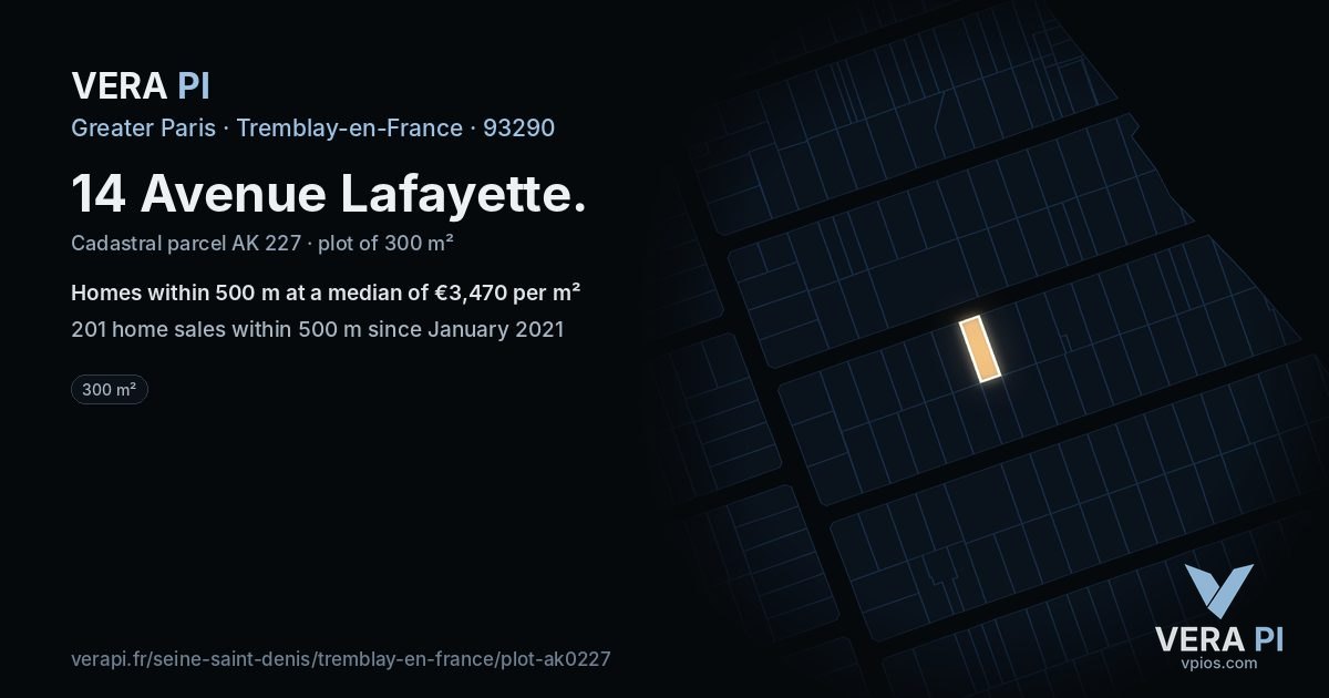 14 Avenue Lafayette, Tremblay-en-France at night – the plot lit, the parcels around coloured by the prices near them