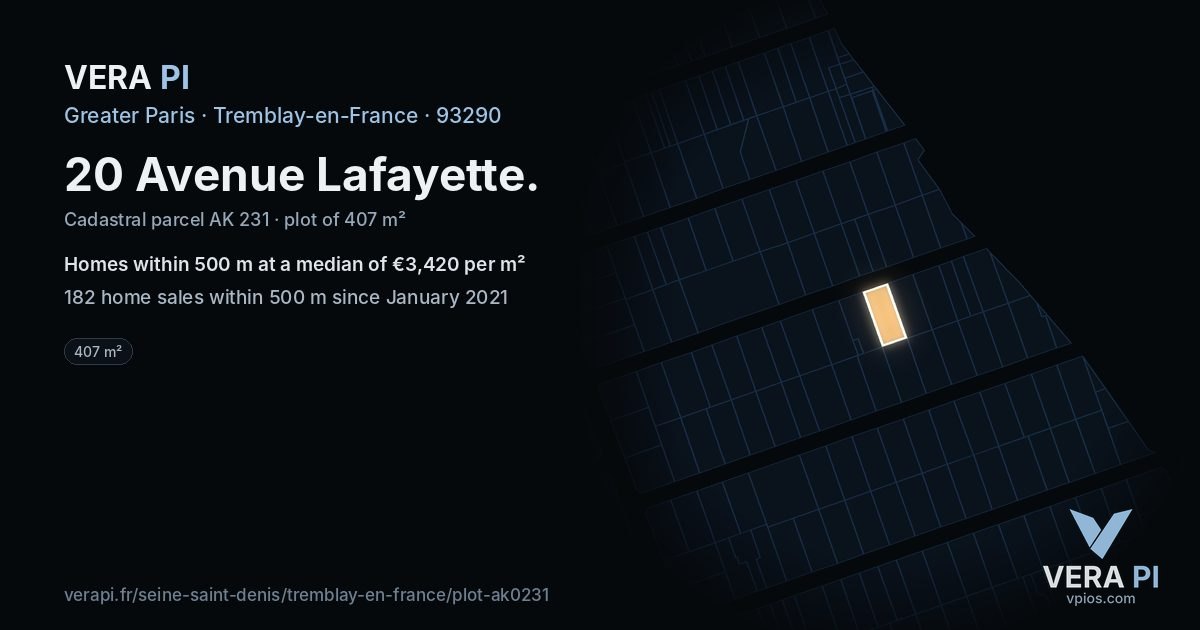 20 Avenue Lafayette, Tremblay-en-France at night – the plot lit, the parcels around coloured by the prices near them