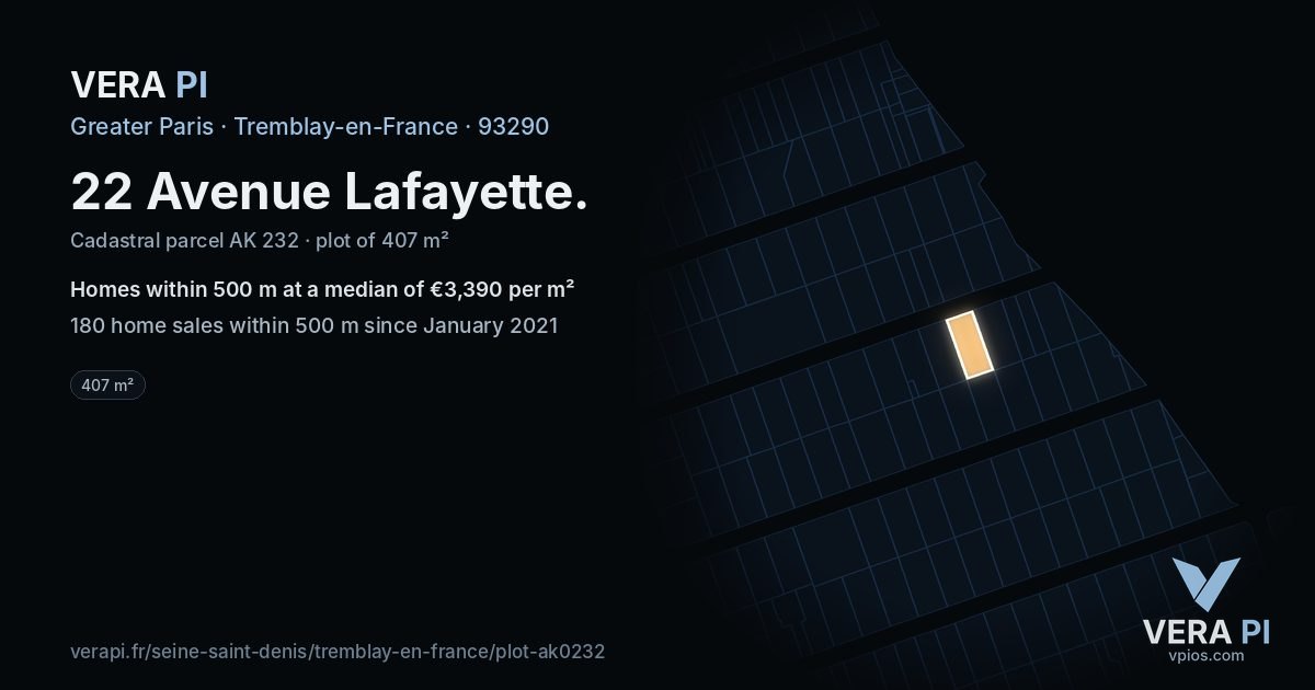 22 Avenue Lafayette, Tremblay-en-France at night – the plot lit, the parcels around coloured by the prices near them