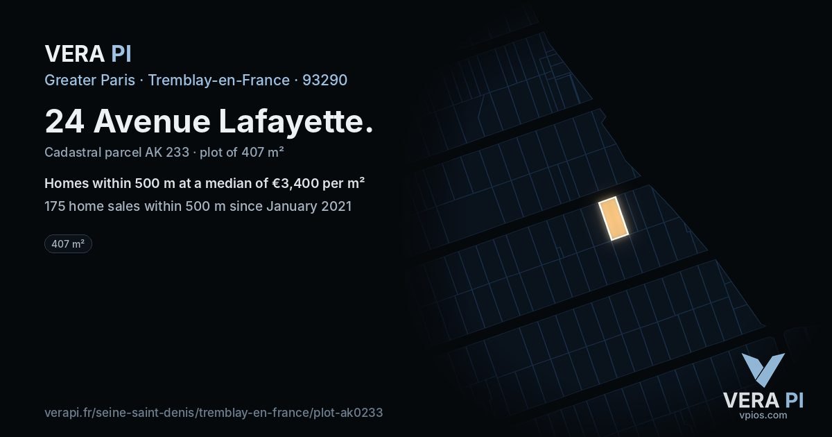 24 Avenue Lafayette, Tremblay-en-France at night – the plot lit, the parcels around coloured by the prices near them
