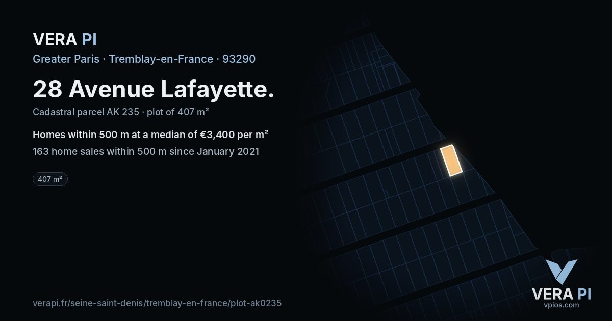 28 Avenue Lafayette, Tremblay-en-France at night – the plot lit, the parcels around coloured by the prices near them