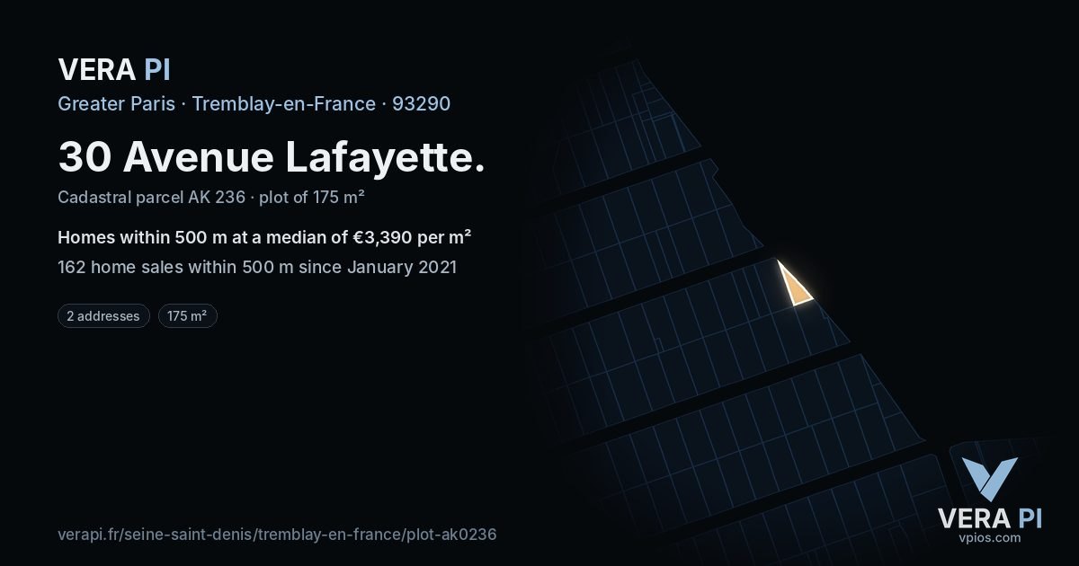 30 Avenue Lafayette, Tremblay-en-France at night – the plot lit, the parcels around coloured by the prices near them