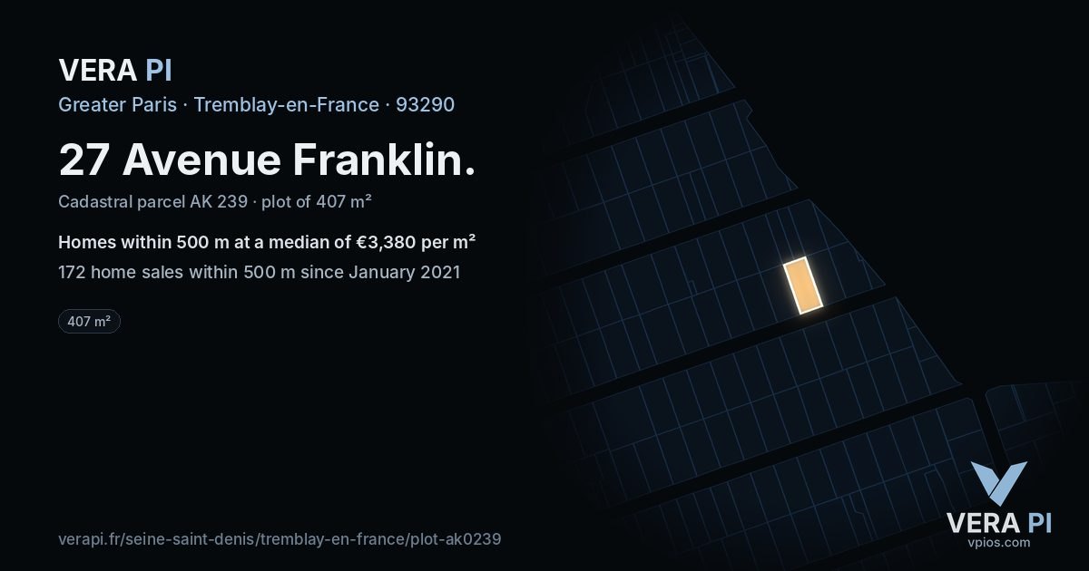 27 Avenue Franklin, Tremblay-en-France at night – the plot lit, the parcels around coloured by the prices near them