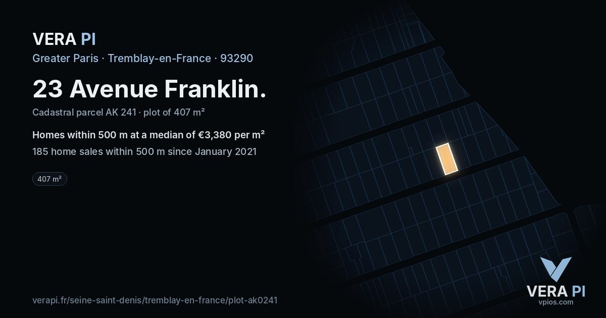 23 Avenue Franklin, Tremblay-en-France at night – the plot lit, the parcels around coloured by the prices near them