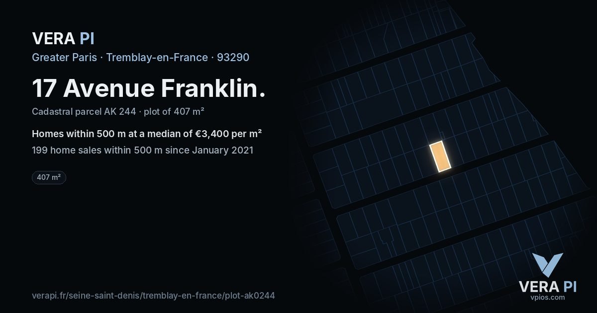 17 Avenue Franklin, Tremblay-en-France at night – the plot lit, the parcels around coloured by the prices near them