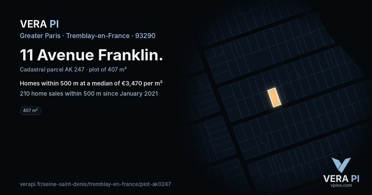 11 Avenue Franklin, Tremblay-en-France at night – the plot lit, the parcels around coloured by the prices near them