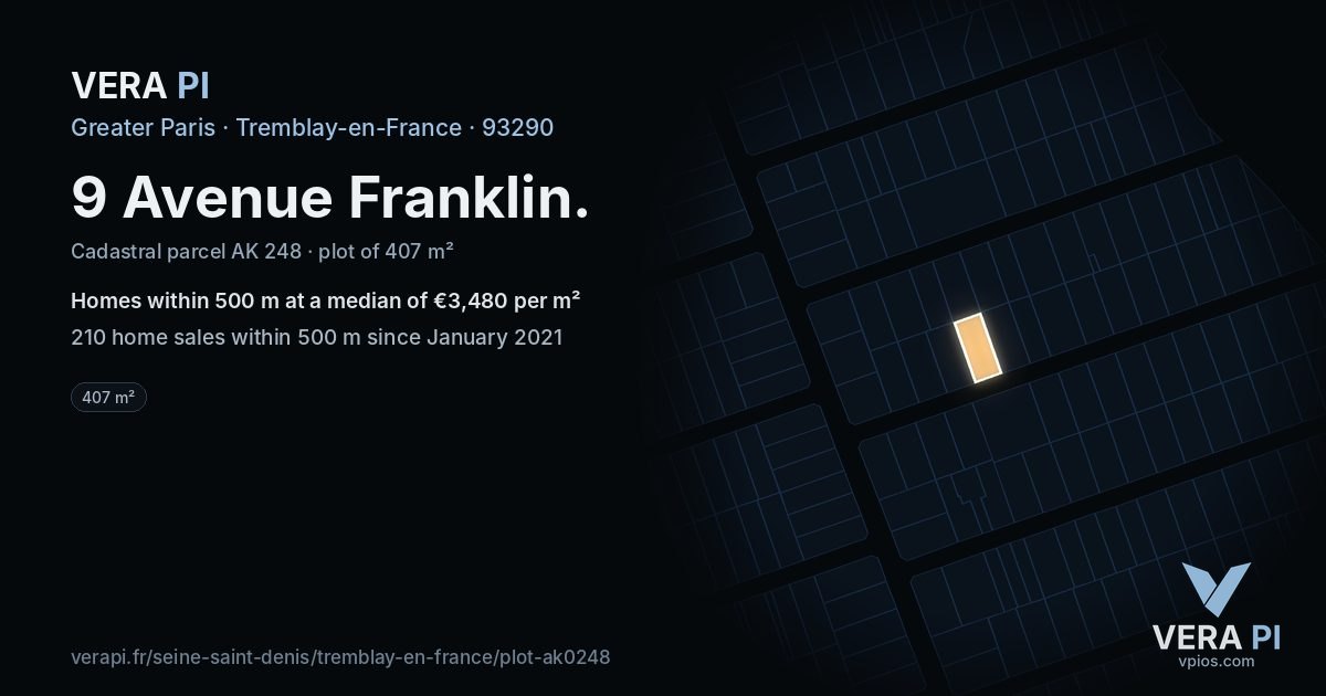 9 Avenue Franklin, Tremblay-en-France at night – the plot lit, the parcels around coloured by the prices near them