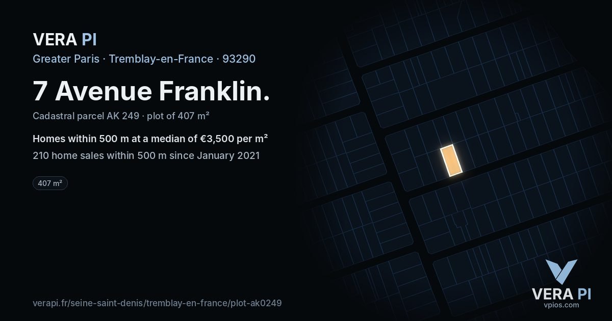 7 Avenue Franklin, Tremblay-en-France at night – the plot lit, the parcels around coloured by the prices near them