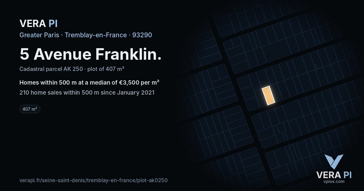 5 Avenue Franklin, Tremblay-en-France at night – the plot lit, the parcels around coloured by the prices near them