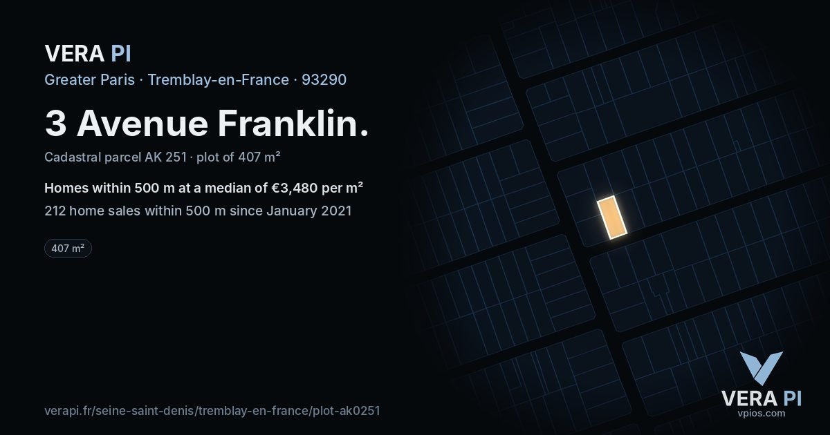 3 Avenue Franklin, Tremblay-en-France at night – the plot lit, the parcels around coloured by the prices near them
