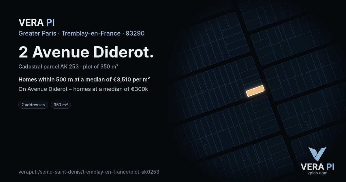 2 Avenue Diderot, Tremblay-en-France at night – the plot lit, the parcels around coloured by the prices near them