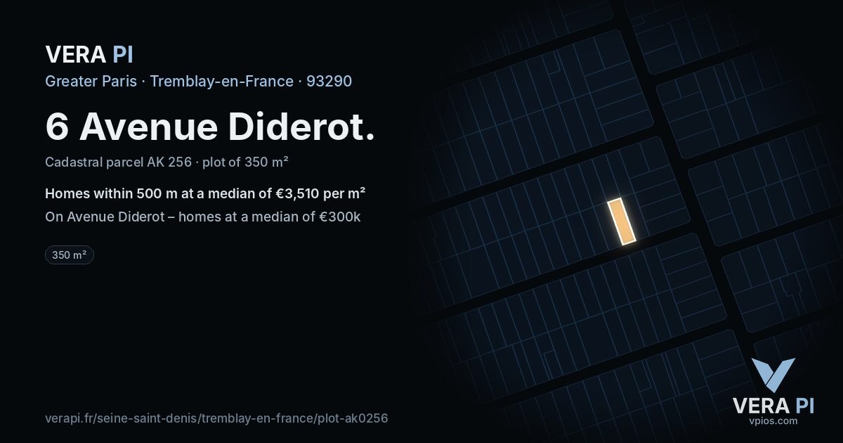 6 Avenue Diderot, Tremblay-en-France at night – the plot lit, the parcels around coloured by the prices near them