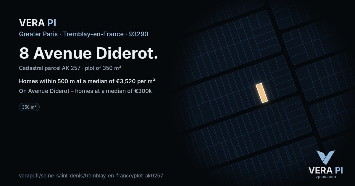 8 Avenue Diderot, Tremblay-en-France at night – the plot lit, the parcels around coloured by the prices near them