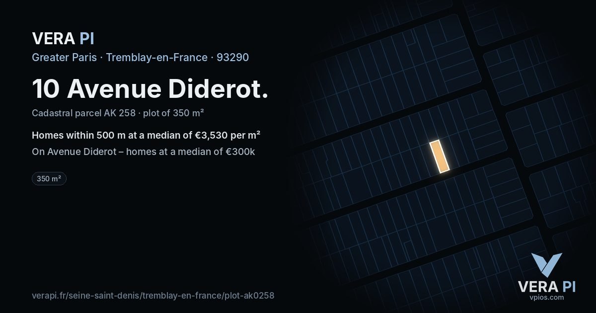 10 Avenue Diderot, Tremblay-en-France at night – the plot lit, the parcels around coloured by the prices near them