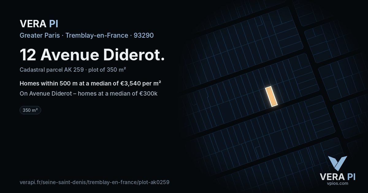 12 Avenue Diderot, Tremblay-en-France at night – the plot lit, the parcels around coloured by the prices near them
