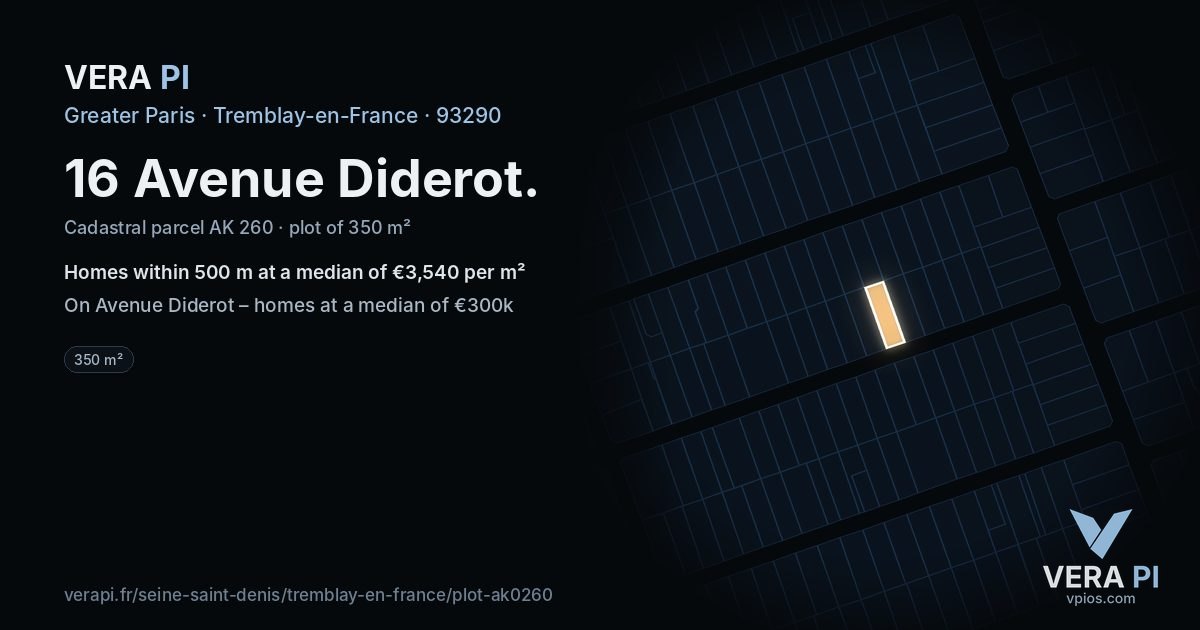 16 Avenue Diderot, Tremblay-en-France at night – the plot lit, the parcels around coloured by the prices near them
