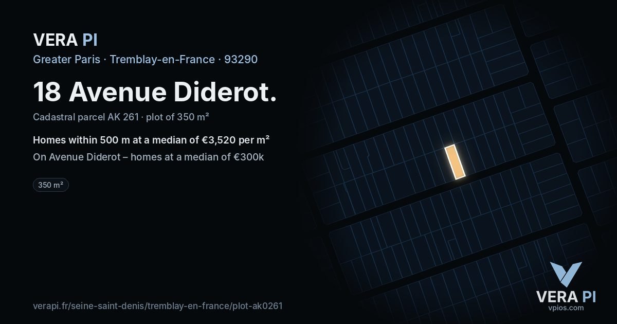 18 Avenue Diderot, Tremblay-en-France at night – the plot lit, the parcels around coloured by the prices near them