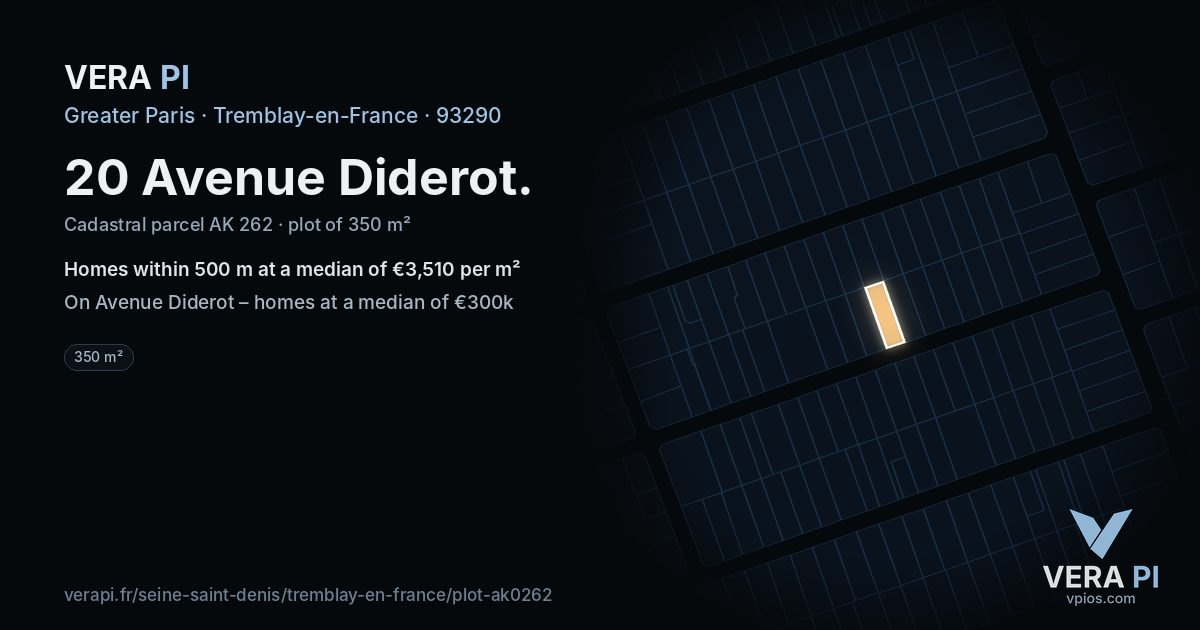 20 Avenue Diderot, Tremblay-en-France at night – the plot lit, the parcels around coloured by the prices near them