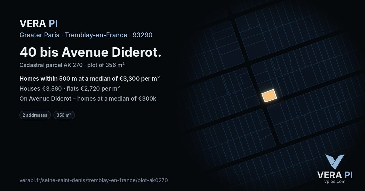 40 bis Avenue Diderot, Tremblay-en-France at night – the plot lit, the parcels around coloured by the prices near them