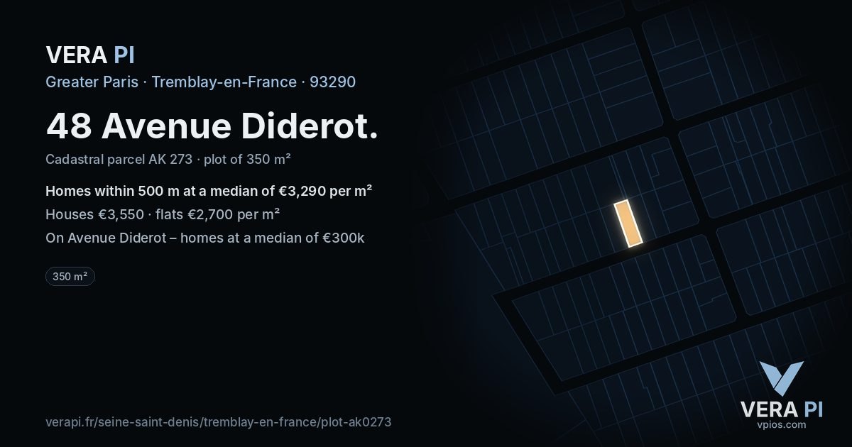 48 Avenue Diderot, Tremblay-en-France at night – the plot lit, the parcels around coloured by the prices near them