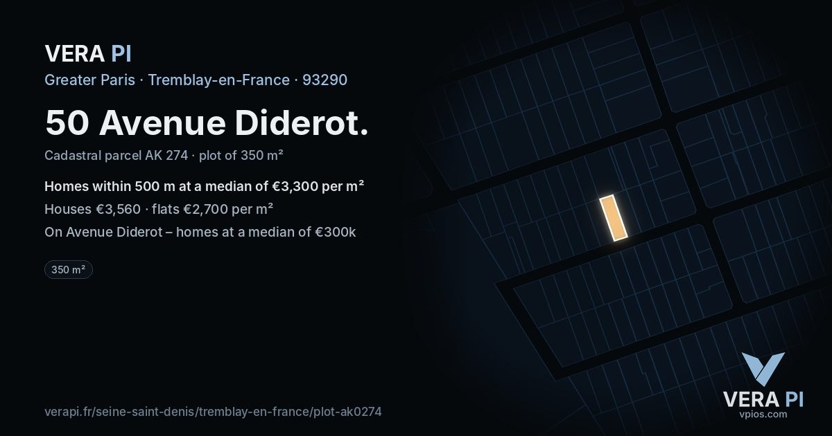 50 Avenue Diderot, Tremblay-en-France at night – the plot lit, the parcels around coloured by the prices near them