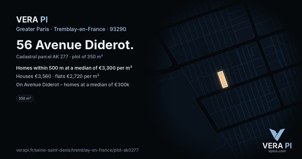 56 Avenue Diderot, Tremblay-en-France at night – the plot lit, the parcels around coloured by the prices near them