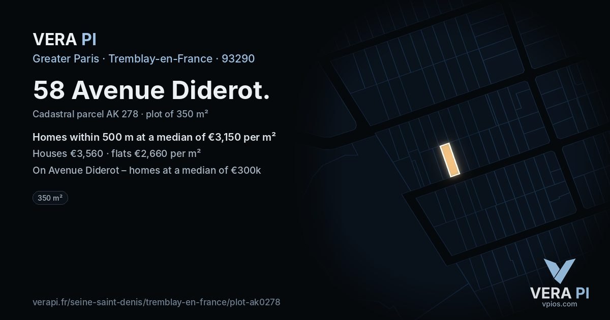 58 Avenue Diderot, Tremblay-en-France at night – the plot lit, the parcels around coloured by the prices near them