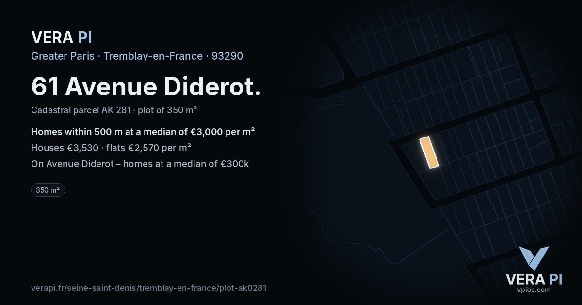 61 Avenue Diderot, Tremblay-en-France at night – the plot lit, the parcels around coloured by the prices near them