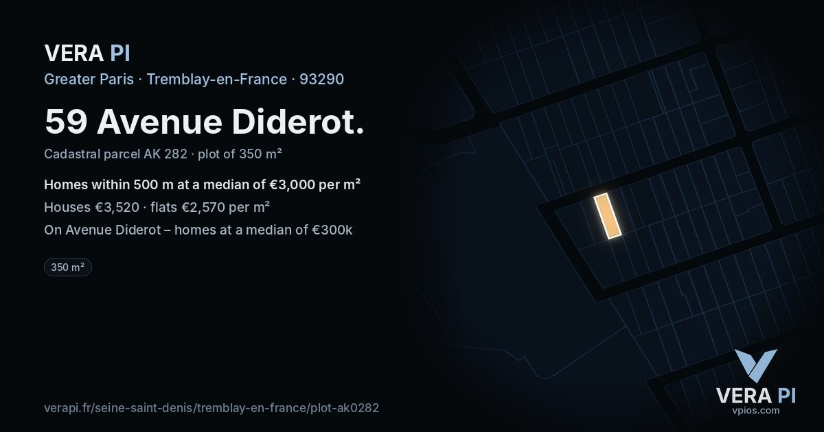 59 Avenue Diderot, Tremblay-en-France at night – the plot lit, the parcels around coloured by the prices near them