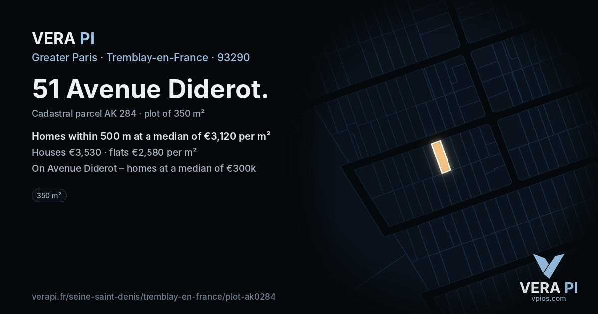 51 Avenue Diderot, Tremblay-en-France at night – the plot lit, the parcels around coloured by the prices near them