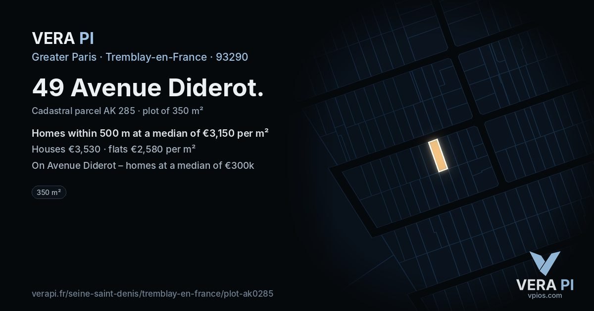 49 Avenue Diderot, Tremblay-en-France at night – the plot lit, the parcels around coloured by the prices near them