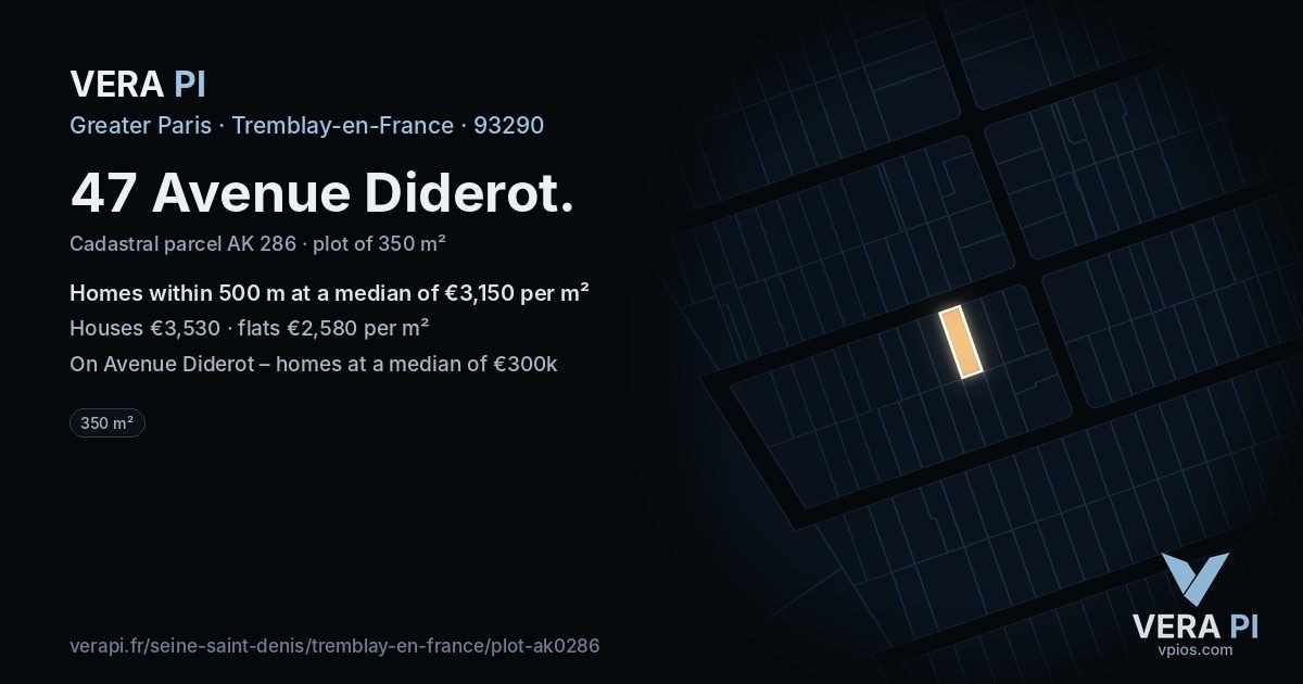 47 Avenue Diderot, Tremblay-en-France at night – the plot lit, the parcels around coloured by the prices near them