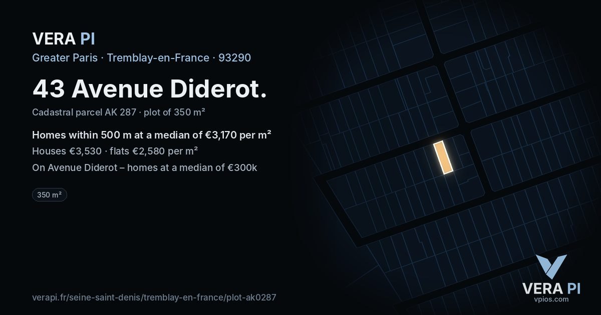 43 Avenue Diderot, Tremblay-en-France at night – the plot lit, the parcels around coloured by the prices near them