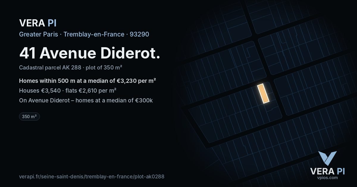 41 Avenue Diderot, Tremblay-en-France at night – the plot lit, the parcels around coloured by the prices near them