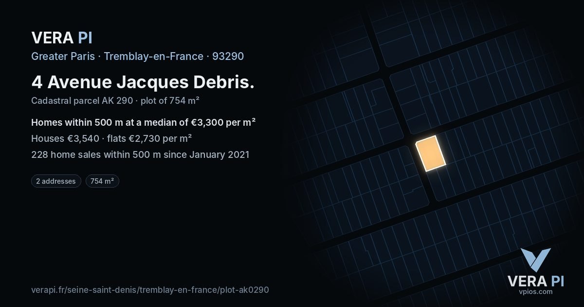 4 Avenue Jacques Debris, Tremblay-en-France at night – the plot lit, the parcels around coloured by the prices near them