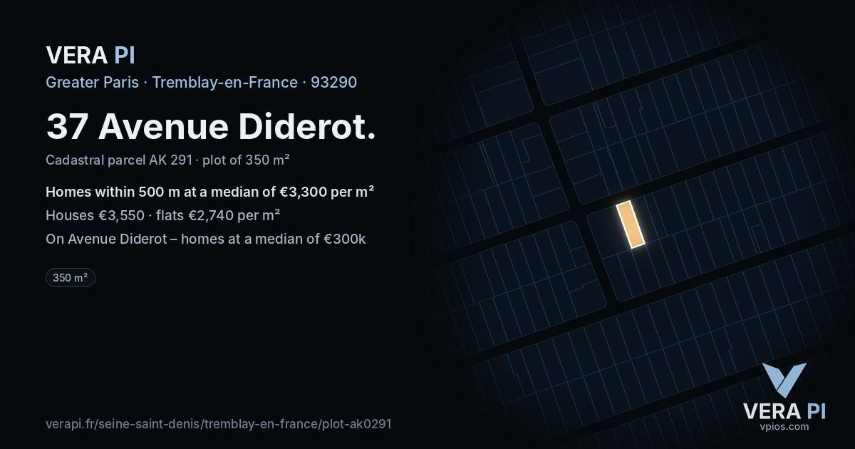37 Avenue Diderot, Tremblay-en-France at night – the plot lit, the parcels around coloured by the prices near them