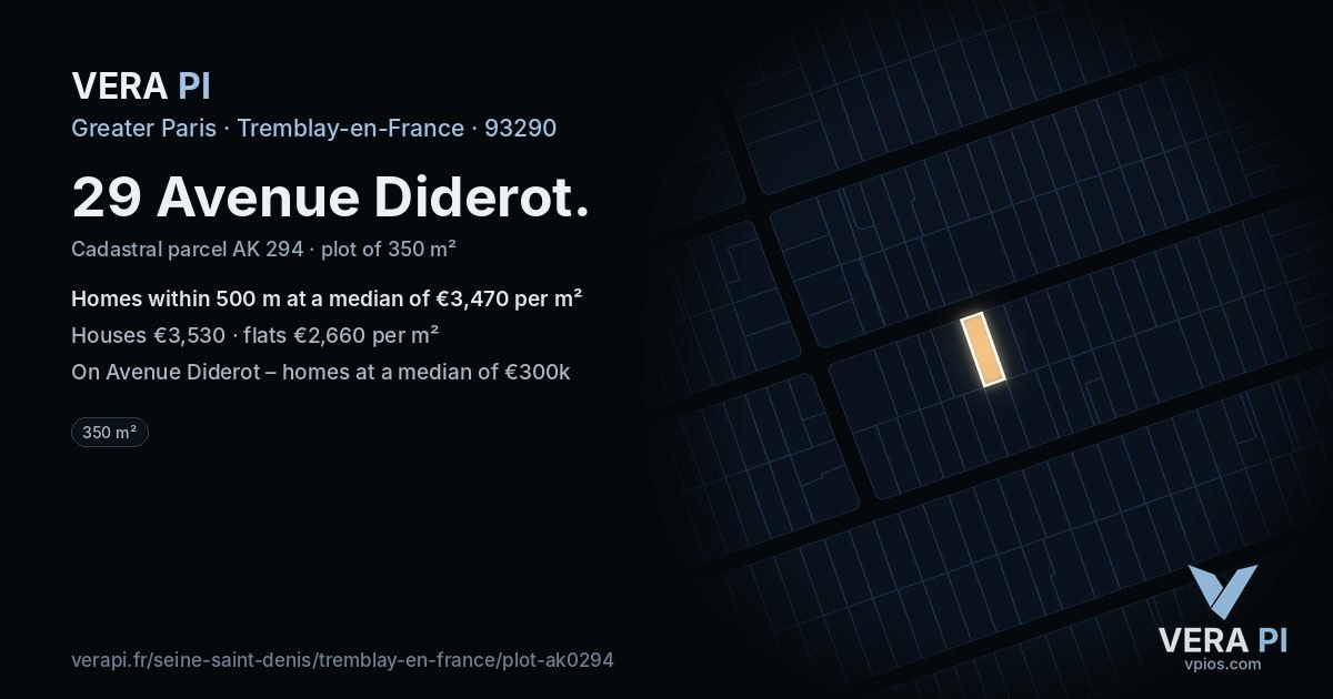 29 Avenue Diderot, Tremblay-en-France at night – the plot lit, the parcels around coloured by the prices near them
