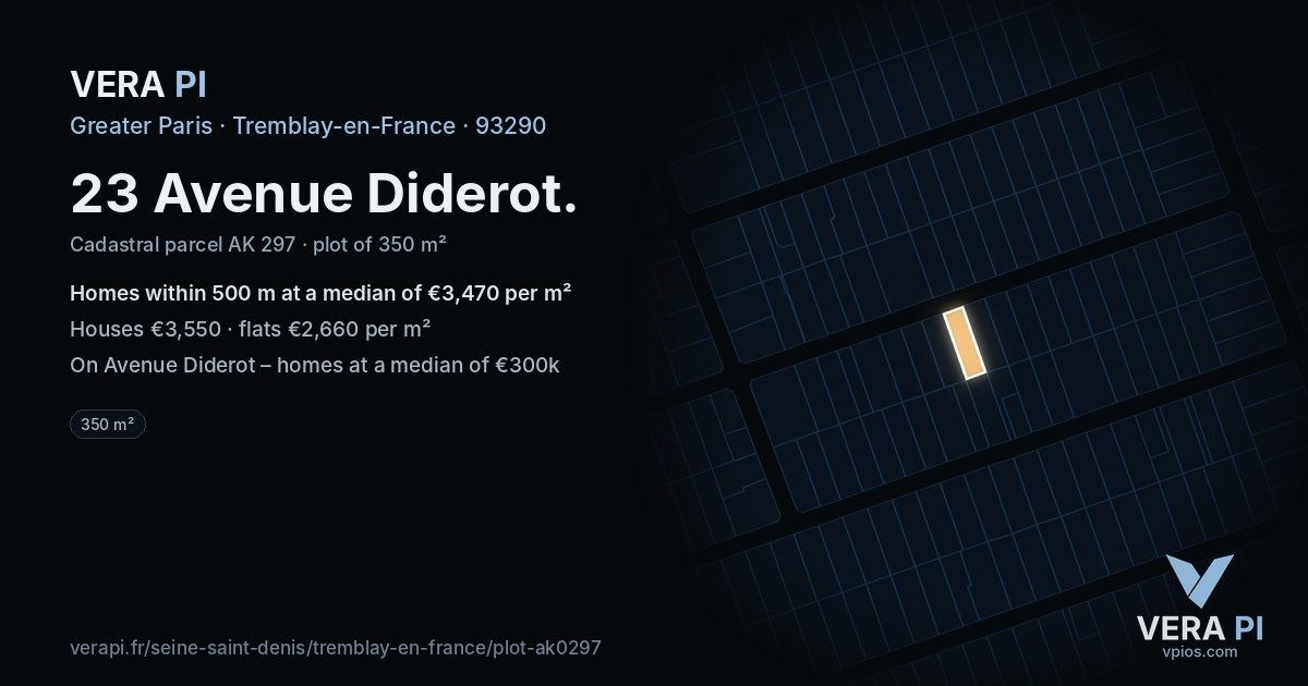 23 Avenue Diderot, Tremblay-en-France at night – the plot lit, the parcels around coloured by the prices near them