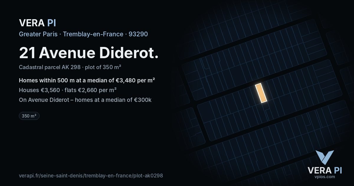 21 Avenue Diderot, Tremblay-en-France at night – the plot lit, the parcels around coloured by the prices near them