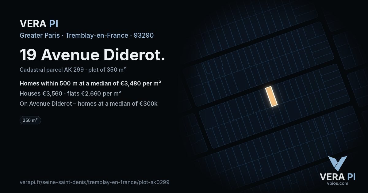 19 Avenue Diderot, Tremblay-en-France at night – the plot lit, the parcels around coloured by the prices near them