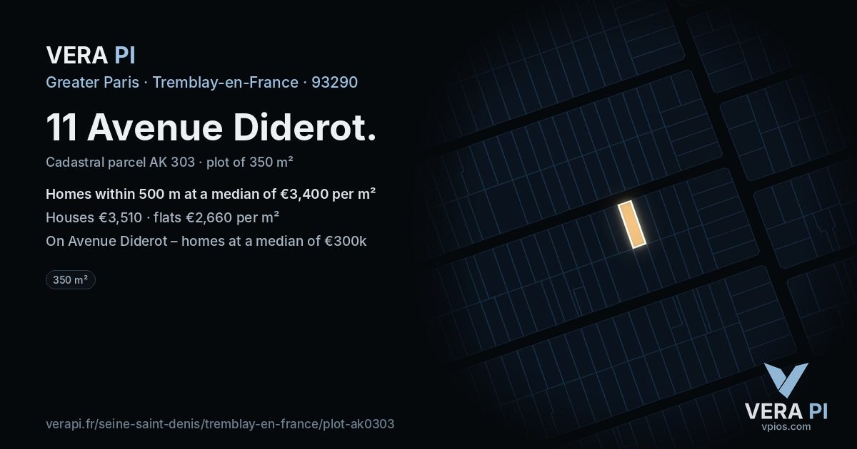 11 Avenue Diderot, Tremblay-en-France at night – the plot lit, the parcels around coloured by the prices near them