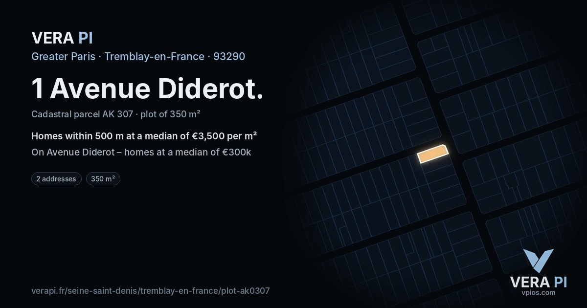 1 Avenue Diderot, Tremblay-en-France at night – the plot lit, the parcels around coloured by the prices near them