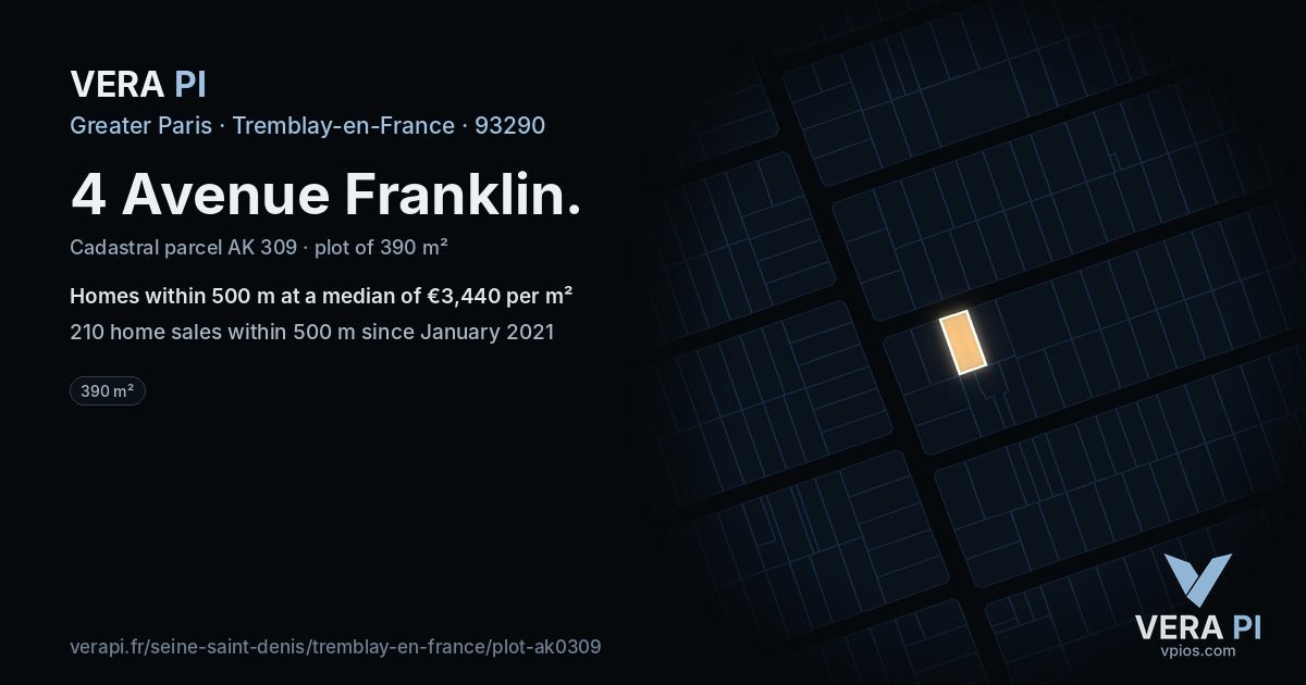 4 Avenue Franklin, Tremblay-en-France at night – the plot lit, the parcels around coloured by the prices near them