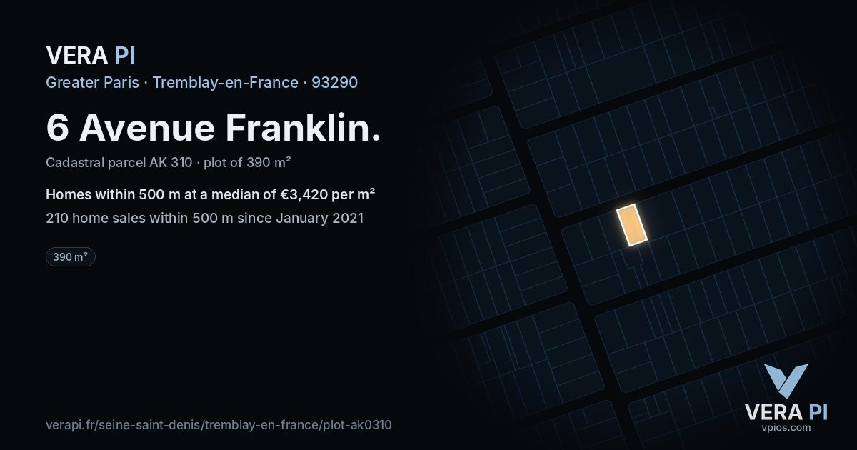 6 Avenue Franklin, Tremblay-en-France at night – the plot lit, the parcels around coloured by the prices near them