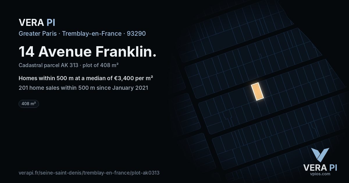 14 Avenue Franklin, Tremblay-en-France at night – the plot lit, the parcels around coloured by the prices near them