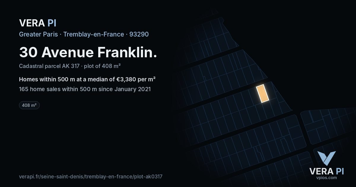 30 Avenue Franklin, Tremblay-en-France at night – the plot lit, the parcels around coloured by the prices near them